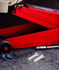 Beefy Heavy Duty Cotter Pin And Clevis Pin Kit In Steel Fasteners M8x35mm 3 Pairs And M10x35mm 3 Pairs With Anti Shift Design For Machinery Hydraulics Jacks Lawn Mowers Quick Release Pins on a red floor jack