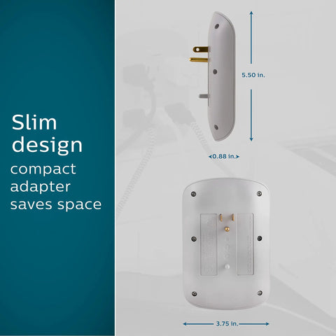 Side and back view of Six Outlet Surge Protector Extender, 900 Joules, 3-Prong Wall Tap, Space Saving Design, grey color