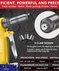 Heavy Duty Pneumatic Rivet Gun With Four Swappable Nozzles For Aluminum Steel Iron Fasteners close-up on 3-claw design and specifications.