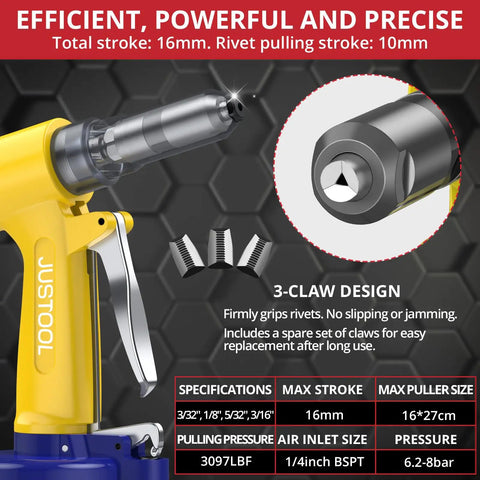 Heavy Duty Pneumatic Rivet Gun With Four Swappable Nozzles For Aluminum Steel Iron Fasteners close-up on 3-claw design and specifications.