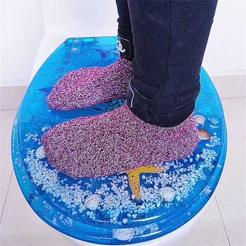 Universal Rock Solid Soft Close Toilet Seat With Top Shelf Comfy Cushion And Zero Fuss Quick Release Lid For No Sweat Bathroom Cleaning And Long Lasting Use, blue design view with person standing.