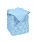 Stack of 24 blue microfiber cleaning cloths, 14 by 14 inches, showing the Microfiber Cleaning Cloth Bundle 14 By 14 Inches Blue Pack Of 24.