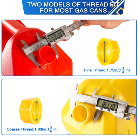Flexible Gas Can Spout Replacement Kit with vent caps showing threaded fit measurement on red and yellow cans.