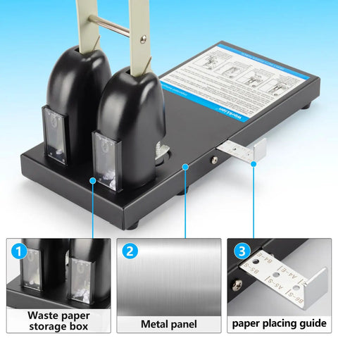 Heavy Duty Two Hole Paper Punch For Binders Metal Power Puncher With Long Lever Punches Up To 150 Sheets, focus on details.
