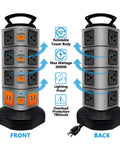 Front and back view of 14 Outlet Surge Protector Charging Station With 4 USB Ports, Heavy Duty Power Strip Tower, labels marked