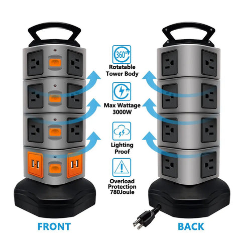 Front and back view of 14 Outlet Surge Protector Charging Station With 4 USB Ports, Heavy Duty Power Strip Tower, labels marked