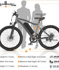 Diagram of Go To 26 Inch Commuter Electric Bike With 720W Peak Motor, showing dimensions and specifications with silhouette backgrounds.