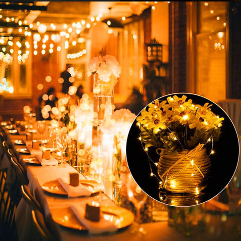 Elegant wedding setup with 12 Pack Fairy Lights Battery Operated String Lights 7 Feet Long With 20 Mini LEDs on tables and jars