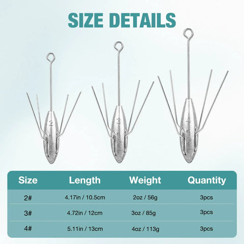 3-Piece Long Tail Heavy-Duty Spider Sinker Weights For Saltwater Surf Casting And Catfish Fishing size chart displayed