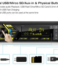 All In One Bluetooth Car Stereo For Marine Use That Slaps With Single Din LCD Display MP3 Player FM AM Receiver Dual USB Ports SD Card Slot AUX In Two Point One Amp Quick Charge APP Control In Dash Multimedia Radio with physical buttons and AUX in view.