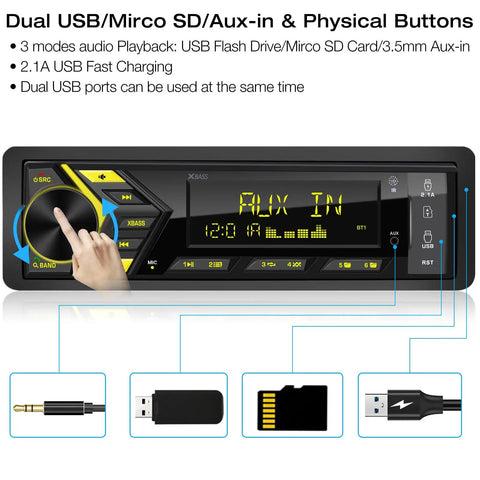 All In One Bluetooth Car Stereo For Marine Use That Slaps With Single Din LCD Display MP3 Player FM AM Receiver Dual USB Ports SD Card Slot AUX In Two Point One Amp Quick Charge APP Control In Dash Multimedia Radio with physical buttons and AUX in view.