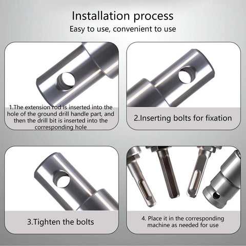 Installation process for Pro Grade Swap Friendly All Purpose Drill Shank Adapter Kit for Earth and Ice Augers with various shank options.