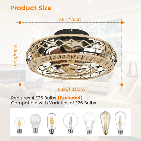 Caged Low Profile Ceiling Fan With Light 20 Inch Flush Mount Boho Hemp Rope Farmhouse Style dimensions with bulb types.