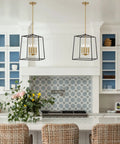 Kitchen with Dope Two Tone Farmhouse 4 Light Pendant Chandelier In Black And Warm Brass With A Geometric Metal Cage Modern Lantern Ceiling Light For Dining Room Or Foyer Open Candlestick Sockets over island