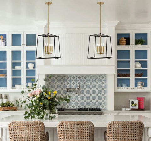 Kitchen with Dope Two Tone Farmhouse 4 Light Pendant Chandelier In Black And Warm Brass With A Geometric Metal Cage Modern Lantern Ceiling Light For Dining Room Or Foyer Open Candlestick Sockets over island
