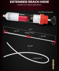 200Cc No Sweat Fluid Extractor Pump With Hella Long Flexible Silicone Hose and Twin Extension Tubes, detailed dimensions included.