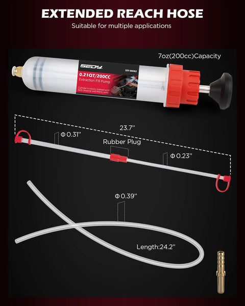 200Cc No Sweat Fluid Extractor Pump With Hella Long Flexible Silicone Hose and Twin Extension Tubes, detailed dimensions included.