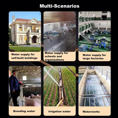 Collage showing Heavy Duty 304 Stainless Steel Well Water Pressure Tank With Fully Automatic Controls for various water supply uses.