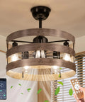 20 Inch Bladeless Ceiling Fan With Lights Remote App Control, wood finish, modern vintage design, remote and app shown