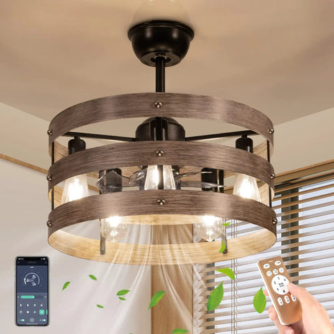 20 Inch Bladeless Ceiling Fan With Lights Remote App Control, wood finish, modern vintage design, remote and app shown
