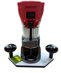 Heavy Duty Guide Bushing Baseplate For Compact Cordless Router with red top, precision scale, and dual handles for firm control.