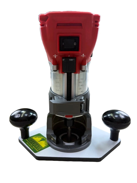 Heavy Duty Guide Bushing Baseplate For Compact Cordless Router with red top, precision scale, and dual handles for firm control.