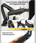 Built Tough Heavy Duty Dual Monitor Arm Stand With Full Motion Adjustment for screens, showcasing easy tension adjustment features.