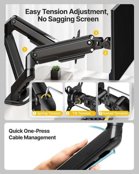 Built Tough Heavy Duty Dual Monitor Arm Stand With Full Motion Adjustment for screens, showcasing easy tension adjustment features.