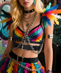 Premium Punk Leather Harness Belt For Women Adjustable Corset Waist Strap worn with colorful festival outfit and accessories.