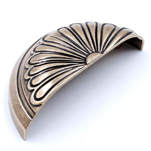 Antique Brass Cup Pulls 4 Pack With Petal Pattern Cabinet Hardware 3 Inch Hole Centers 94mm Overall Length