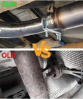 Comparison of installed Beefy 4 Inch Universal Exhaust Clamp With Rear Hanger Set Of 2 versus old rusted clamp