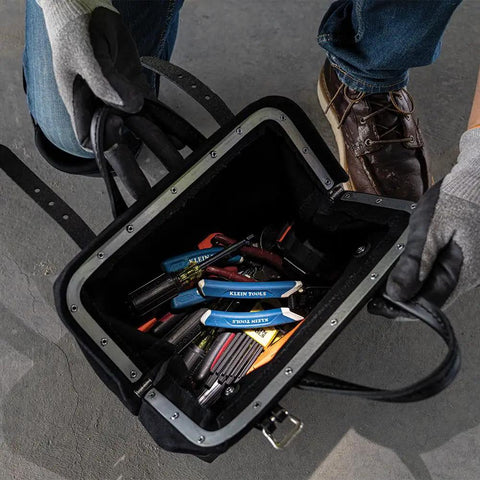 Heavy Duty Black Canvas Tool Bag With Wide Mouth Opening Leather Handles 12 Inch Tool Tote filled with tools