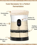 Close-up of Pro-Grade Sourdough Starter Kit 50 oz jar with fermentation cap, thermometer, and tracking band detail for easy fermentation.