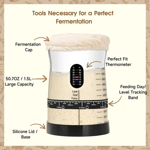 Close-up of Pro-Grade Sourdough Starter Kit 50 oz jar with fermentation cap, thermometer, and tracking band detail for easy fermentation.