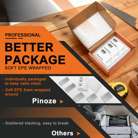 Built Tough 304 Stainless Steel Finish Nails 1200 Count 16 Gauge Bundle packaging with foam wrap inside box on wooden table.