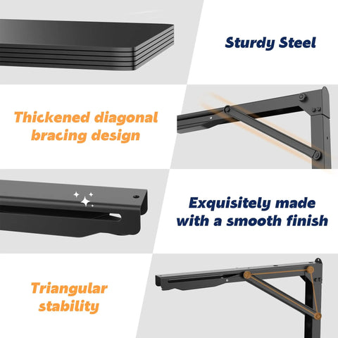 Diagram showing features of 24 Inch Black Heavy Duty Folding Shelf Brackets: sturdy steel, thickened bracing, smooth finish, triangular stability.