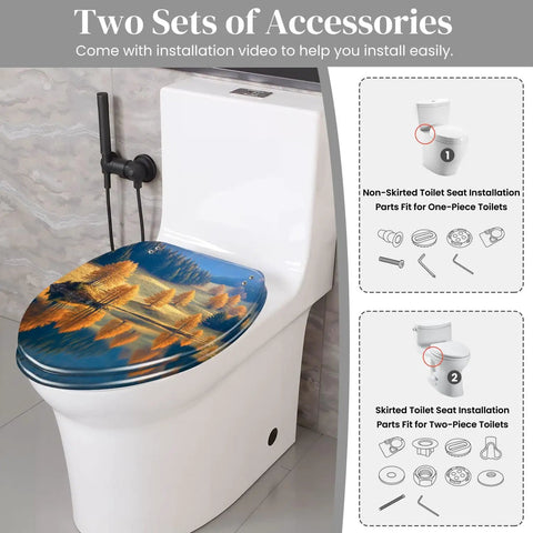 Elongated Toilet Seat for Bathroom with scenic design, installation accessories shown, fits most toilet styles.