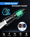 Ultra Bright 990000 Lumen USB Rechargeable Flashlight With Zoomable Beam, showing multiple protection features and 12-hour runtime.