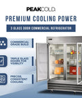 Commercial 3 Glass Door Refrigerator Boasting A Massive 72 Cubic Foot Layout Built From Premium Stainless Steel To Keep Inventory Frosty open with shelves.