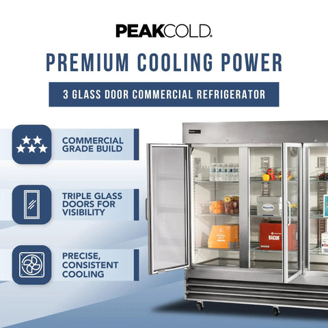 Commercial 3 Glass Door Refrigerator Boasting A Massive 72 Cubic Foot Layout Built From Premium Stainless Steel To Keep Inventory Frosty open with shelves.