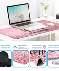 Pink 4 In 1 XXL Desk Pad Set With Keyboard Wrist Rest Mouse Wrist Rest And Coaster Extended Desk Cover Mat For Home Office Or Gaming Setup shown on white desk with laptop and accessories, size 35.4 x 15.7 inches.
