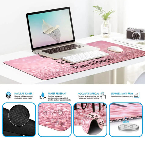 Pink 4 In 1 XXL Desk Pad Set With Keyboard Wrist Rest Mouse Wrist Rest And Coaster Extended Desk Cover Mat For Home Office Or Gaming Setup shown on white desk with laptop and accessories, size 35.4 x 15.7 inches.