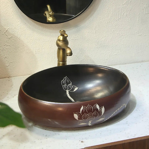 Oval Ceramic Vessel Sink for Bathroom Vanity, Retro Art Countertop Sink Bowl with Faucet, Small and elegant ceramic sink with floral design.