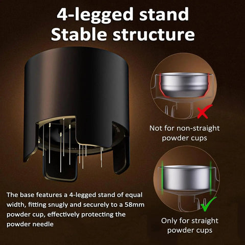Built Different Electric Espresso Stirrer And Puck Distribution Tool with 58mm precision needle disc showing 4-legged stable stand for straight powder cups.