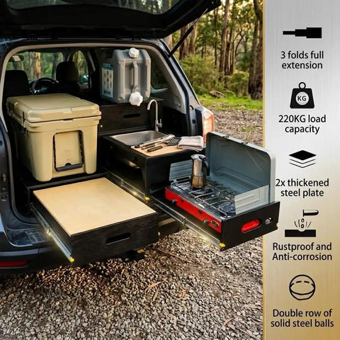 Heavy Duty Locking Drawer Slides 500 Pound Full Extension With Two Way Lock In Lock Out For Secure Transit In RVs Trucks Trailers And Mechanical Cabinets installed in SUV cargo kitchen