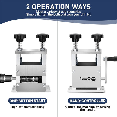 Precision Wire Stripper Machine With Drill Attachment And Manual Crank Options For Electrical Work Durable Alloy Steel Construction, showing operation modes.