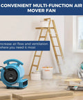 1000 CFM Air Mover Blower Fan for Drying, Venting, Exhaust, and Cooling in a home workshop setting with tools and ladder