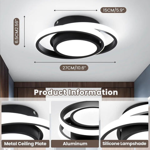 Two Ring Modern LED Ceiling Light Fixture In Black Finish, Creative Dual Ring Design, Cool White 6000K, 32W, Product Details