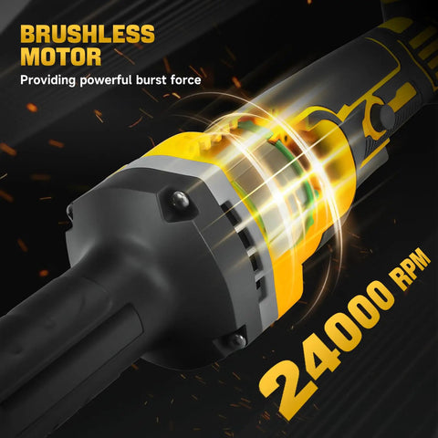 Cordless Die Grinder Made As A Heavy Hitter With No Strings Attached Plays Nicely With Dewalt 20V Packs 24000 RPM Brushless Motor close-up showing motor design and power features.