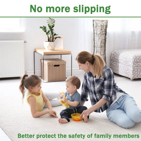 Family sitting on rug with Eight Piece Rug Corner Grippers Set With Double Sided Rug Tape, non slip pads ensuring safety on hardwood floors.